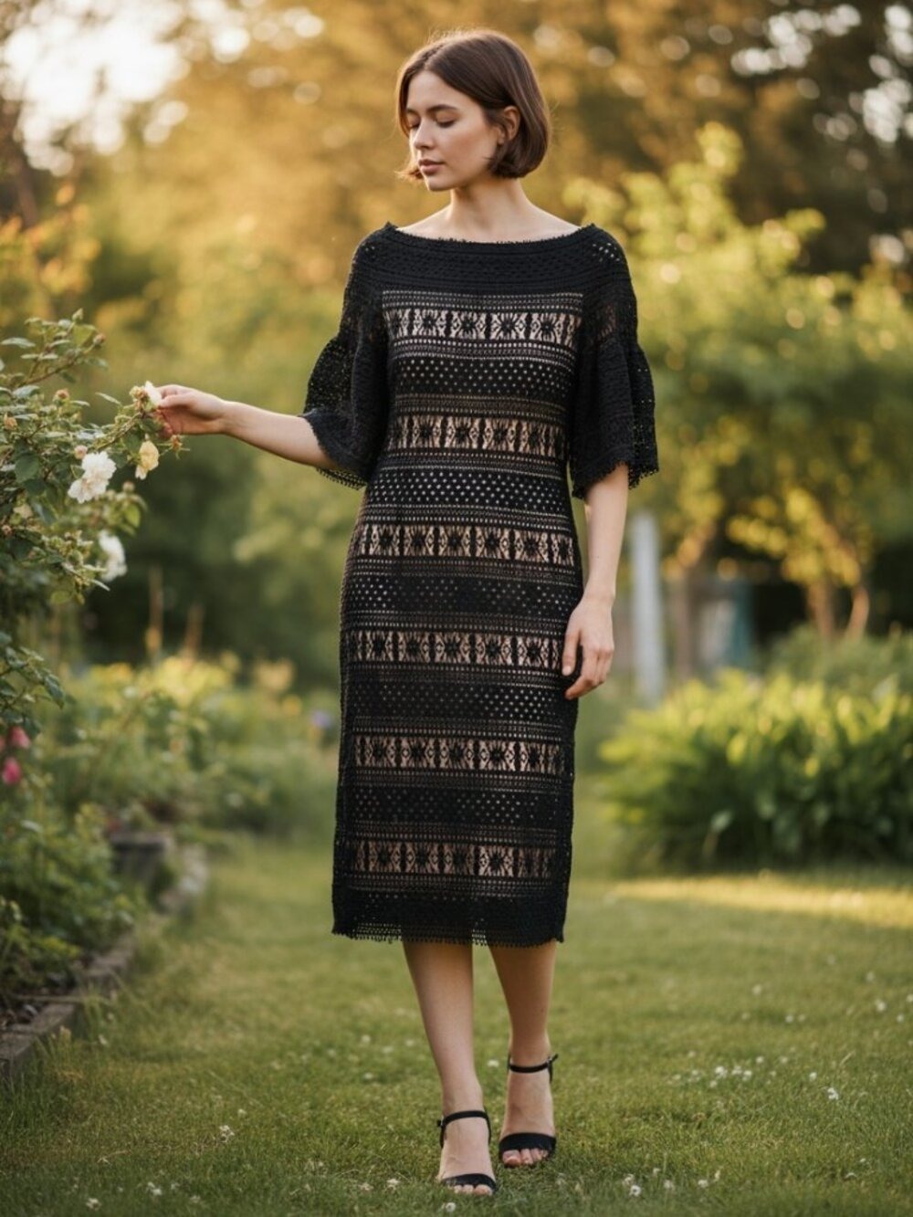 Max Studio Black Lace Boat Neck Dress with Nude Lining – Size XS